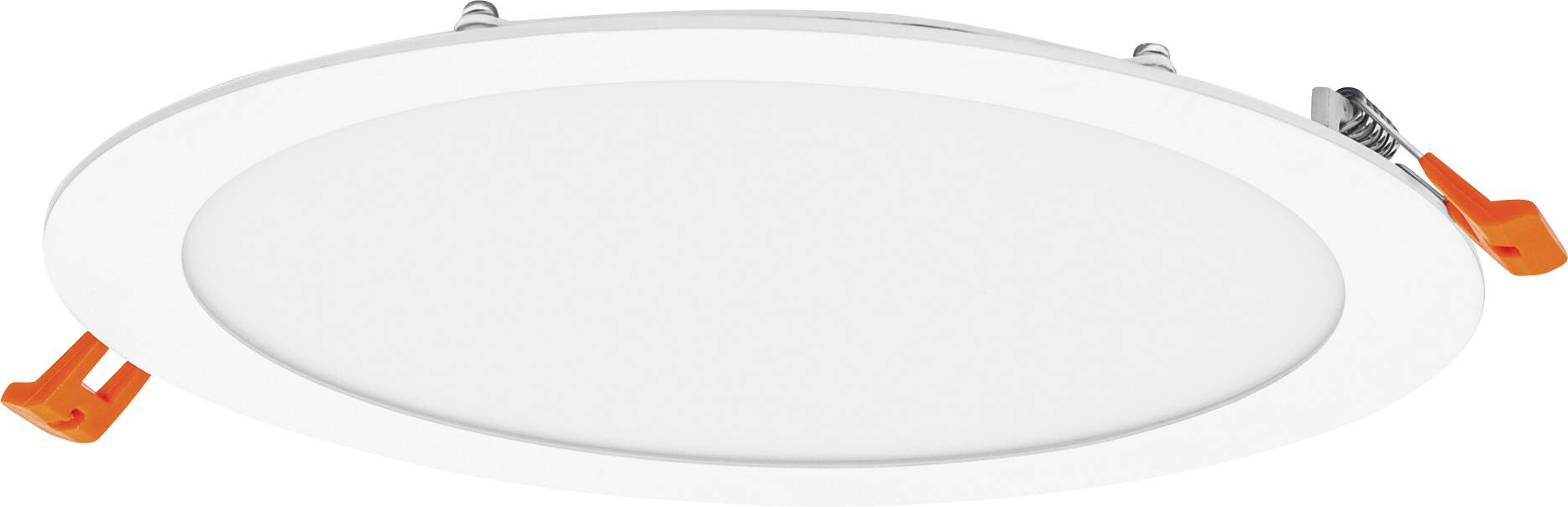 Runde LED-Deckenleuchte mit orangefarbenen Clips auf jeder Seite zur Befestigung.