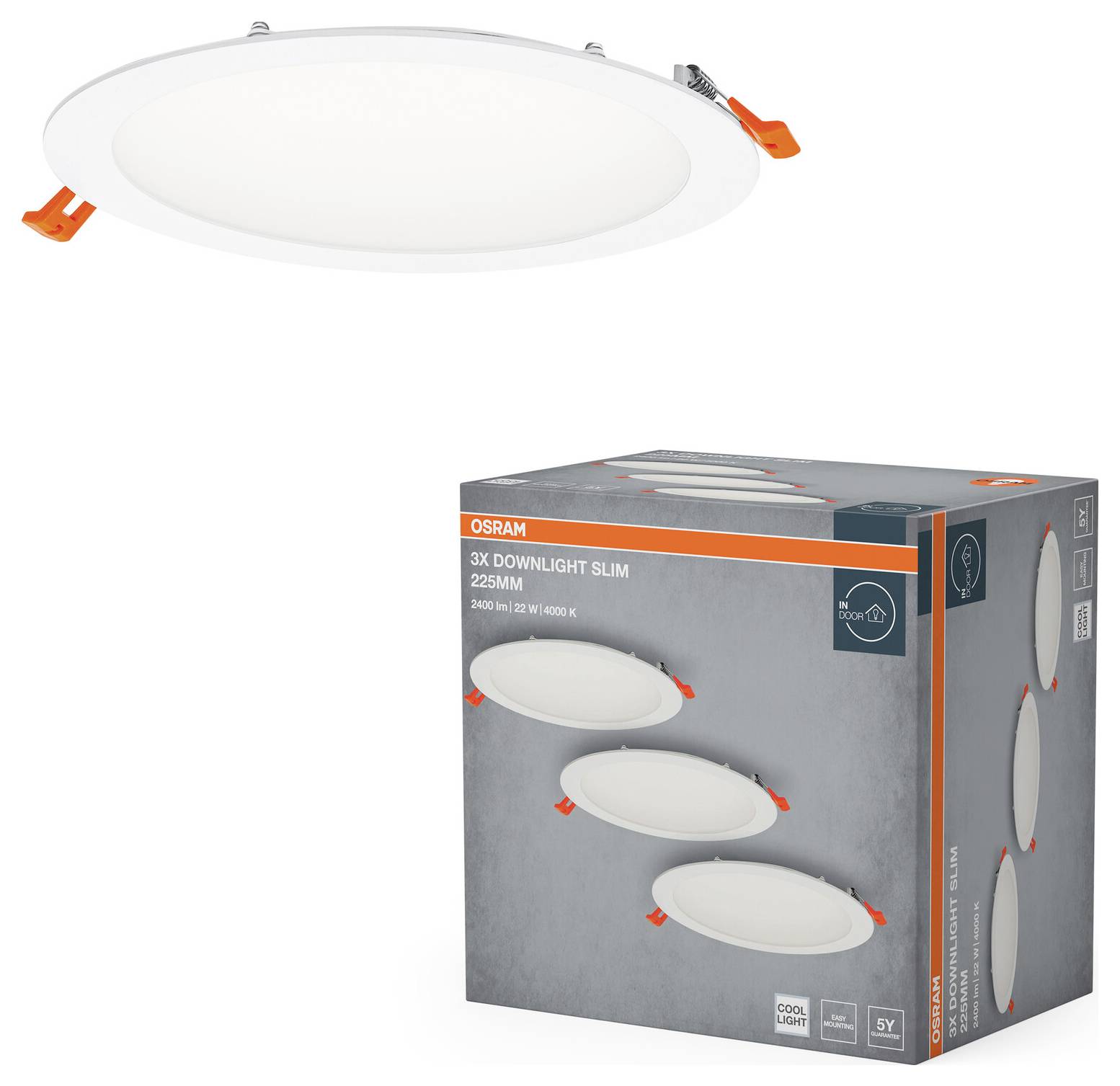Ein runder, schlanker Einbaustrahler mit einer orangefarbenen Klammer wird über seiner Schachtel präsentiert. Auf der Schachtel steht „Osram 3x Downlight Slim 235mm Cool White".