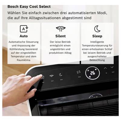 Bosch Easy Cool Select: Klimagerät mit drei Modi – Auto, Silent und Sleep – zur automatischen, leisen oder schlaffreundlichen Temperatursteuerung.<br>