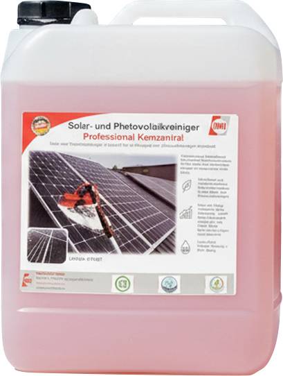 Kunststoffbehälter mit rosa Reinigungslösung mit der Aufschrift „Solar- und Photovoltaikreiniger". Abgebildet werden Sonnenkollektoren, die gereinigt werden.