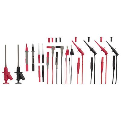 Sortierte Multimeter-Prüfkabel und Leitungen in Rot, Schwarz, Grau und Weiß, dargestellt in verschiedenen Konfigurationen mit unterschiedlichen Prüfspitzten und Kabeln.