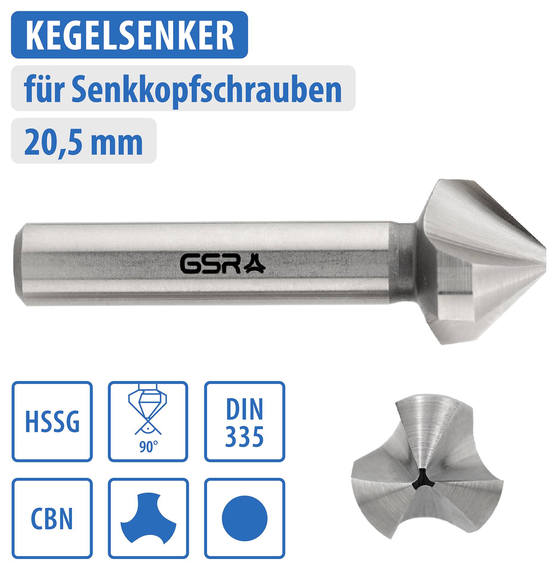 'Kegelsenker für Senkkopfschrauben, 20,5 mm'. Abgebildet ist ein Metallwerkzeug mit einem konischen Kopf und verschiedenen Symbolen.