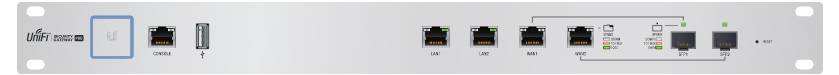 Netzwerksicherheitsgerät mit mehreren Ethernet-Anschlüssen, beschriftet als UniFi Dream Machine Pro. Umfasst Ein-/Ausschalter und Anzeigelichter.