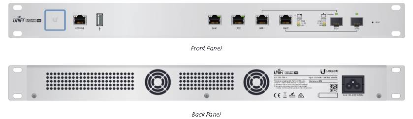 „Frontplatte": UniFi Dream Machine Pro mit Anschlüssen für zwei SFP, zwei RJ-45 LAN und eine RJ-45 WAN-Verbindung beschriftet. „Rückseite": Stromversorgungseingang mit Kühlüftungen.