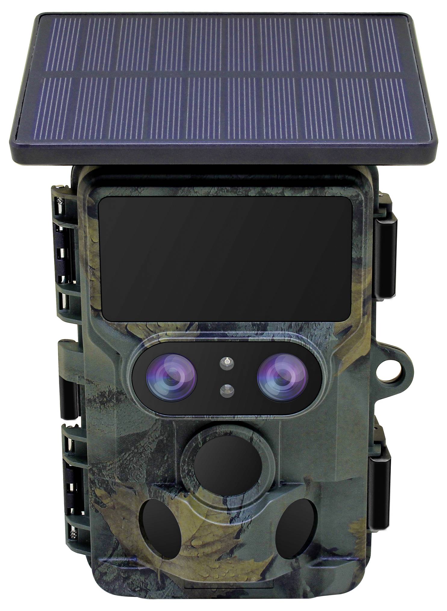 Solarbetriebene Wildkamera mit Doppellinsen, Bewegungsmeldern und Tarngehäuse.