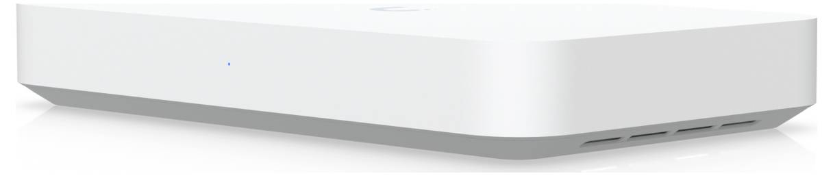 Ein eleganter, weißer Netzwerk-Switch mit minimalističhem Design, versehen mit Lüftungsschlitzen an der Seite, verwendet für Ethernet-Konnektivität in Netzwerk-Setups.