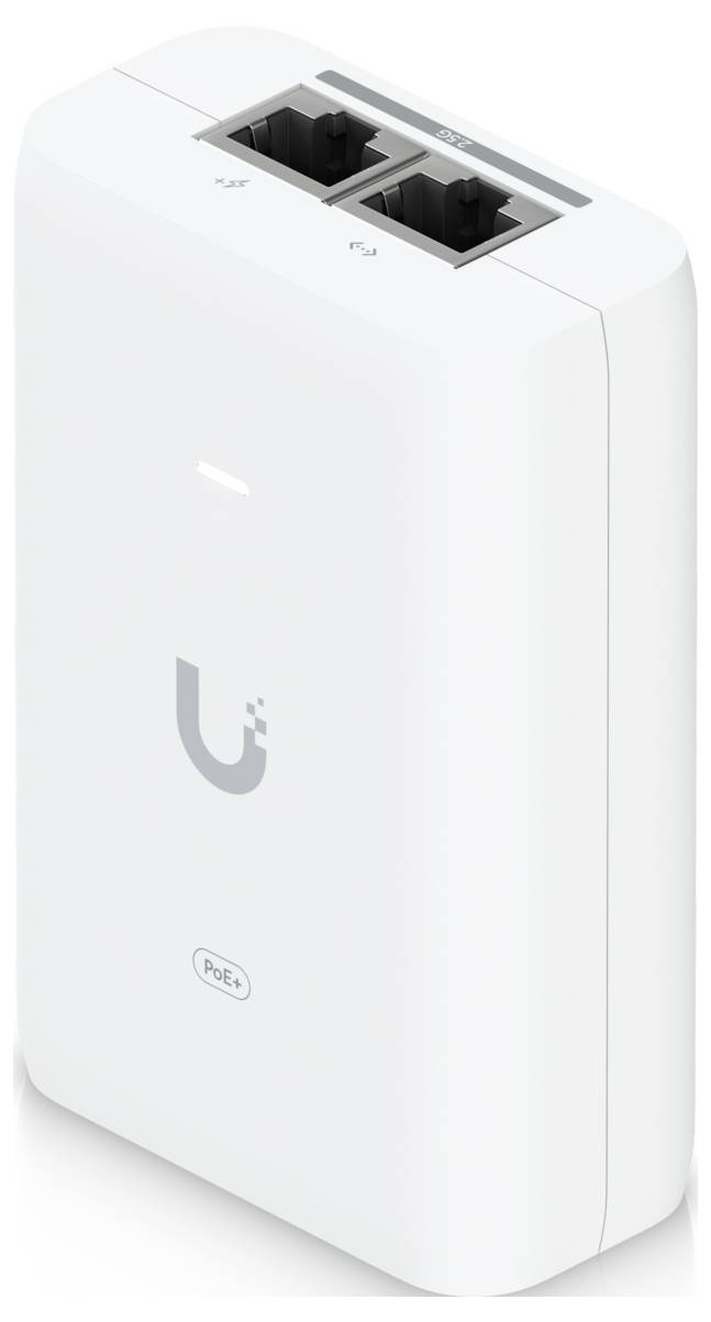 Ein weißer PoE-Netzwerkadapter mit zwei Ethernet-Anschlüssen oben und einer kleinen LED-Anzeige an der Vorderseite, mit einem eleganten, minimalistischen Design.