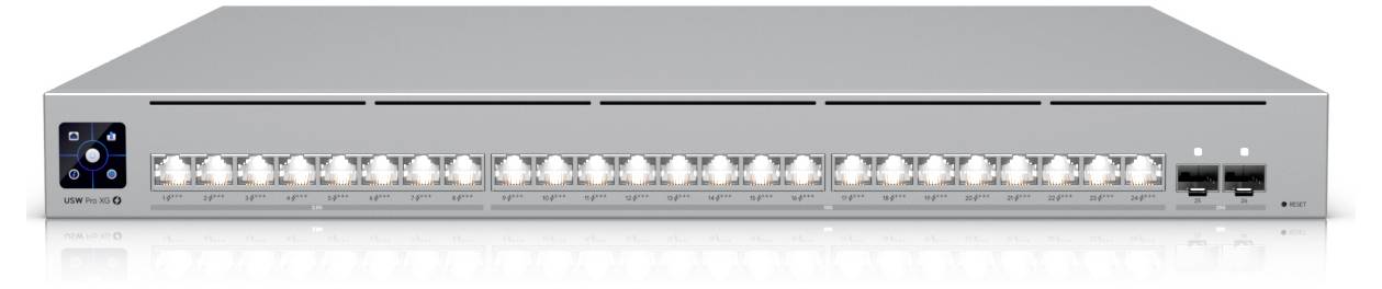 Ein silberner Netzwerk-Switch mit 16 Ethernet-Anschlüssen und zwei SFP-Anschlüssen auf der rechten Seite, entwickelt für hochleistungsfähige Konnektivität.