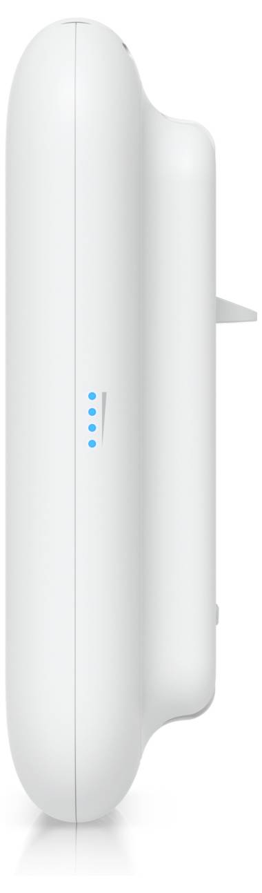 Seitenansicht eines weißen WLAN-Routers mit vier kleinen blauen Anzeigelampen an der Seite.