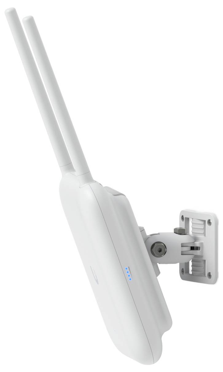 Ein weißer kabelloses Router an einer Wand montiert, mit zwei Antennen, wahrscheinlich für eine verbesserte Signalstärke.