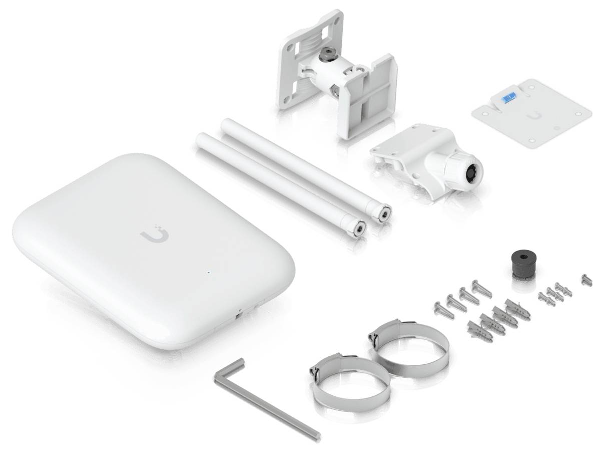 Wireless-Access-Point-Set mit Router, Montageklammern, Schrauben und Installationswerkzeugen.