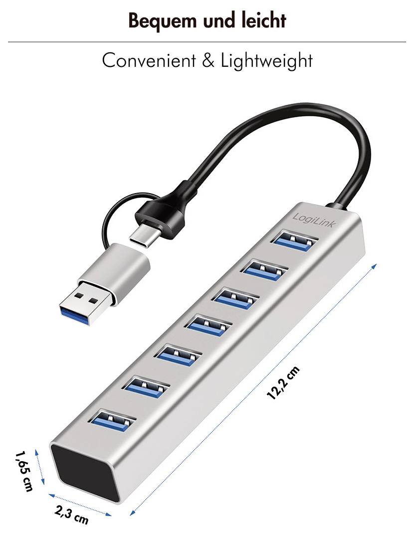 Tragbarer 7-Port-USB-Hub mit kurzem Kabel, mit der Bezeichnung „Praktisch & Leicht", mit den Abmessungen 12,2 cm x 2,3 cm x 1,65 cm.