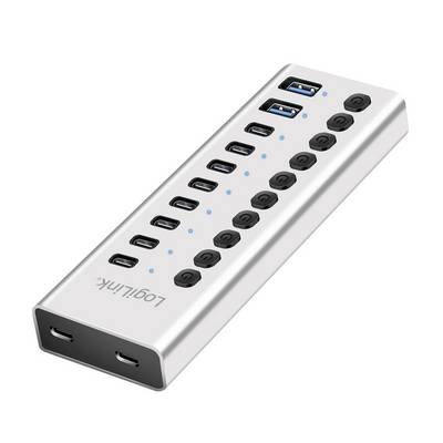 Silberner USB-Hub mit mehreren USB-A- und USB-C-Anschlüssen, jeweils mit einzelnen schwarzen Schaltern und blauen Kontrollleuchten.