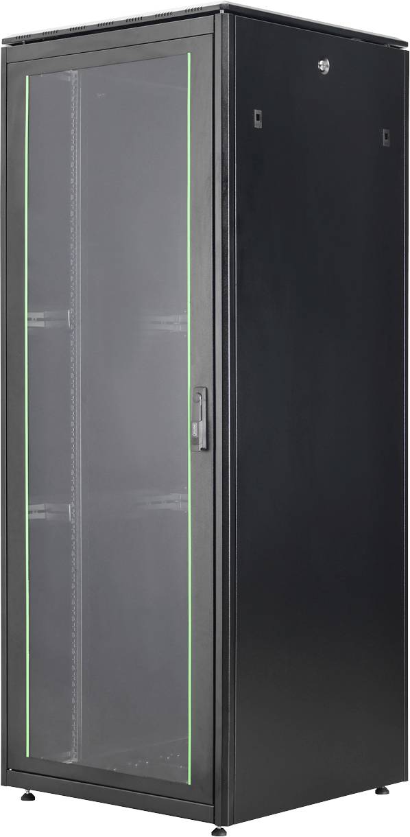 Ein hohes, schwarzes Server-Rack-Gehäuse mit transparenter Frontür, grünen Akzenten und einem Verriegelungsmechanismus, entwickelt zur Organisation von Netzwerkausrüstung.