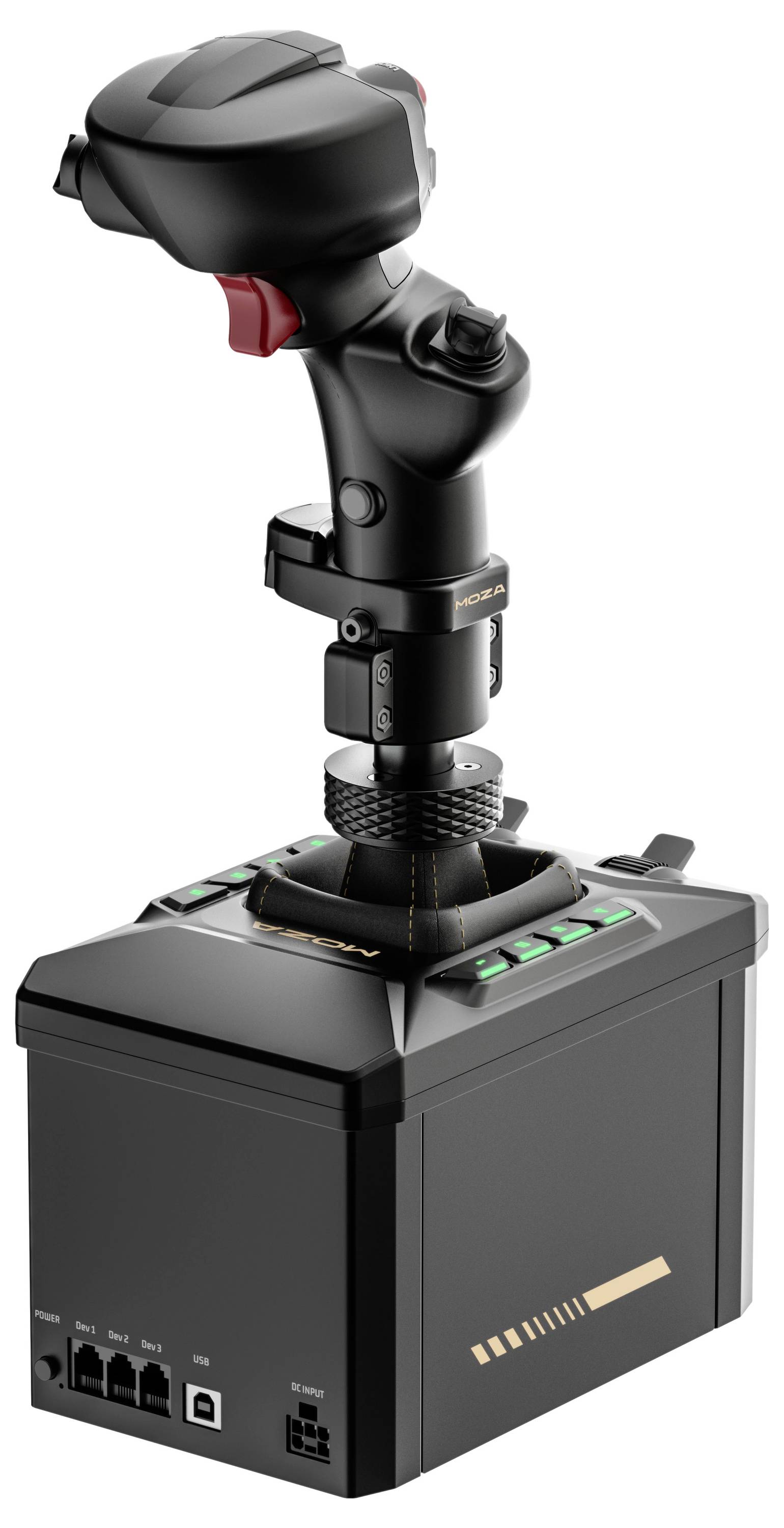 Schwarzes Joystick-ähnliches Flugsteuergerät, das auf einer Steuereinheit mit quadratischem Sockel und beleuchteten Tasten montiert ist.