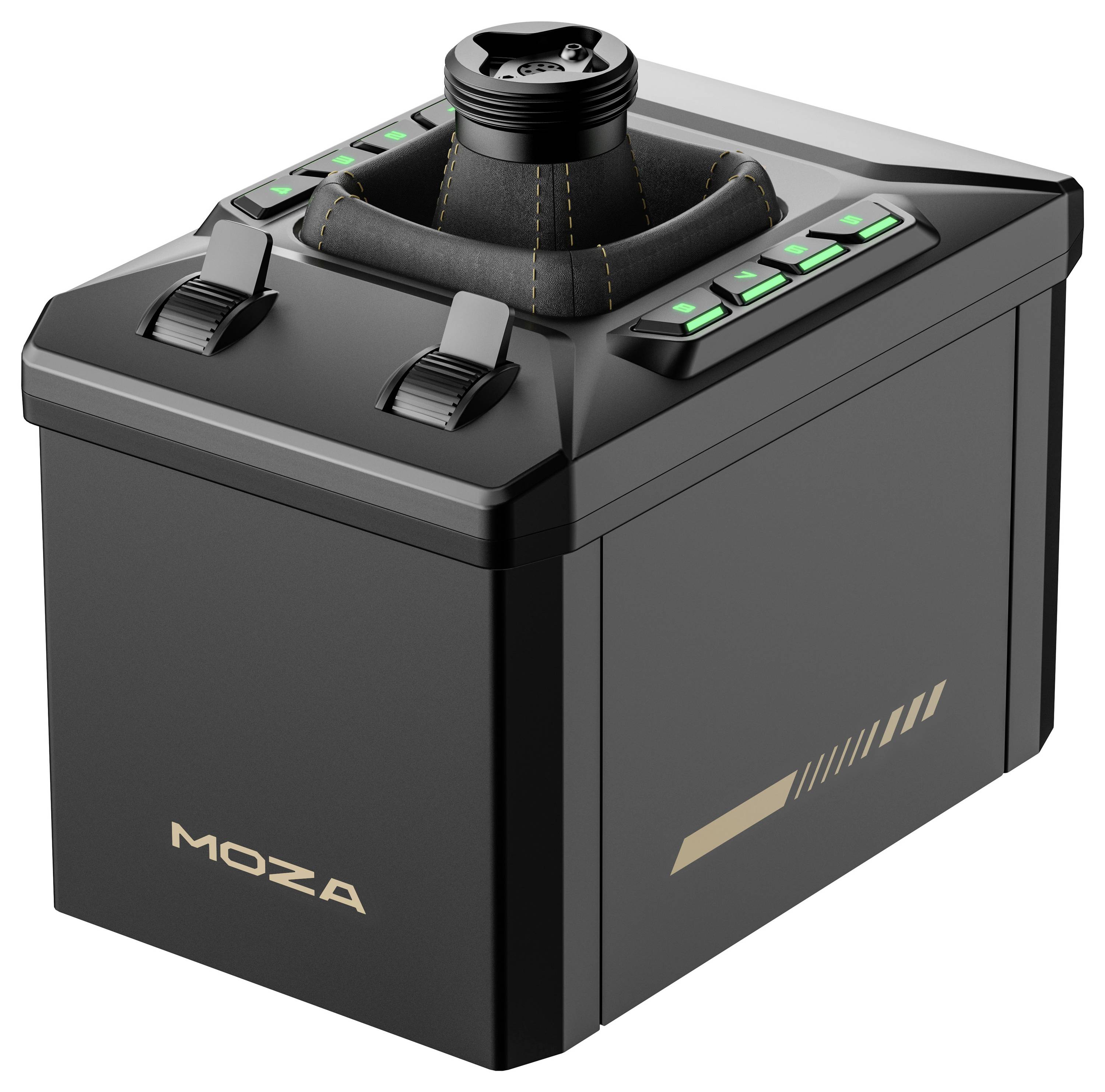 MOZA-gekennzeichnete schwarze Flugsimulatoren-Steuerbox mit Joystick-Oberseite, zwei Schaltern und leuchtenden grünen Tasten.