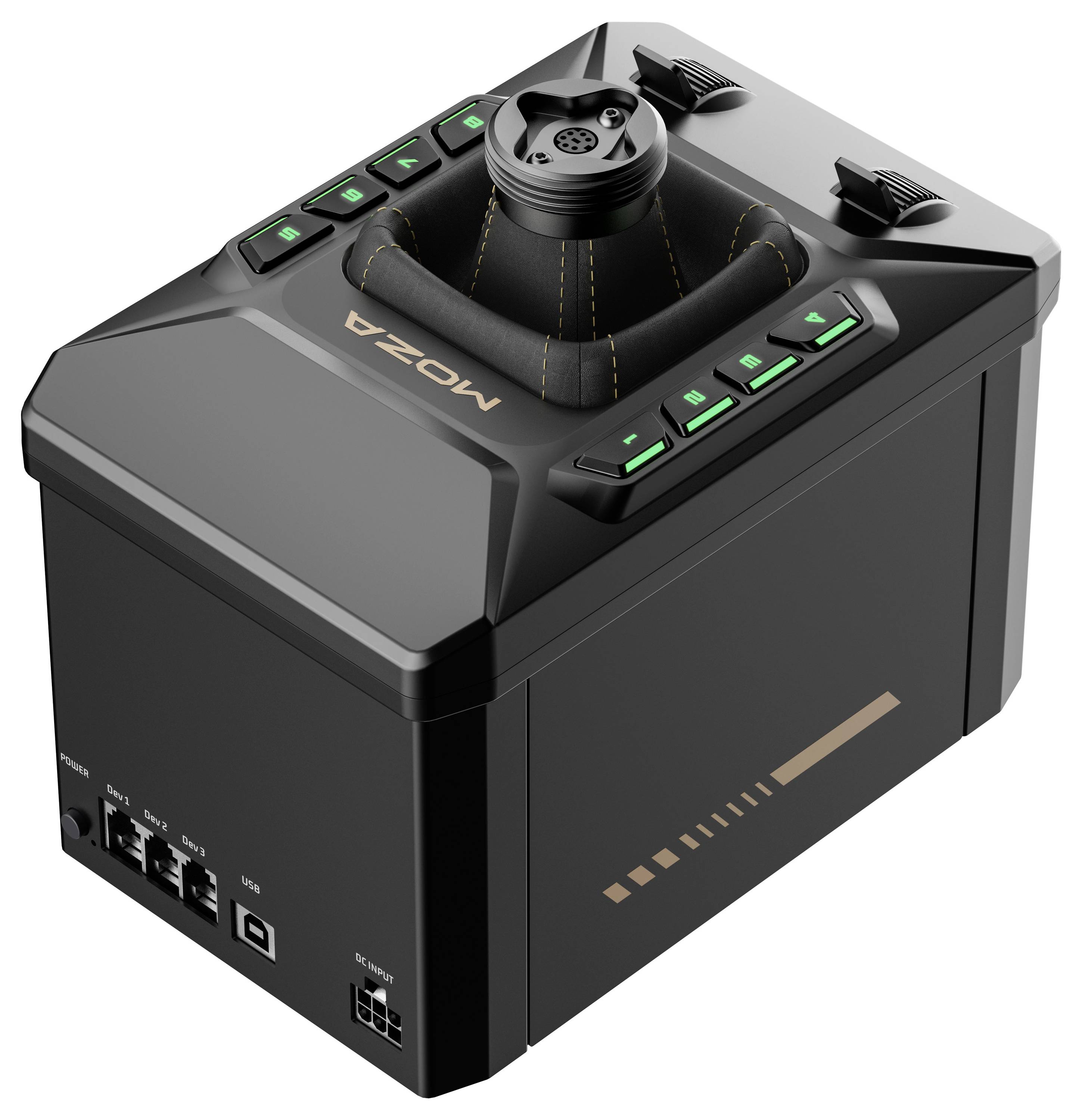 3D-gerenderte schwarze MOWZA-Vorrichtung mit zentralem Drehjoystick und leuchtenden grünen Tasten, gezeigt mit mehreren Anschlüssen auf der Frontplatte.