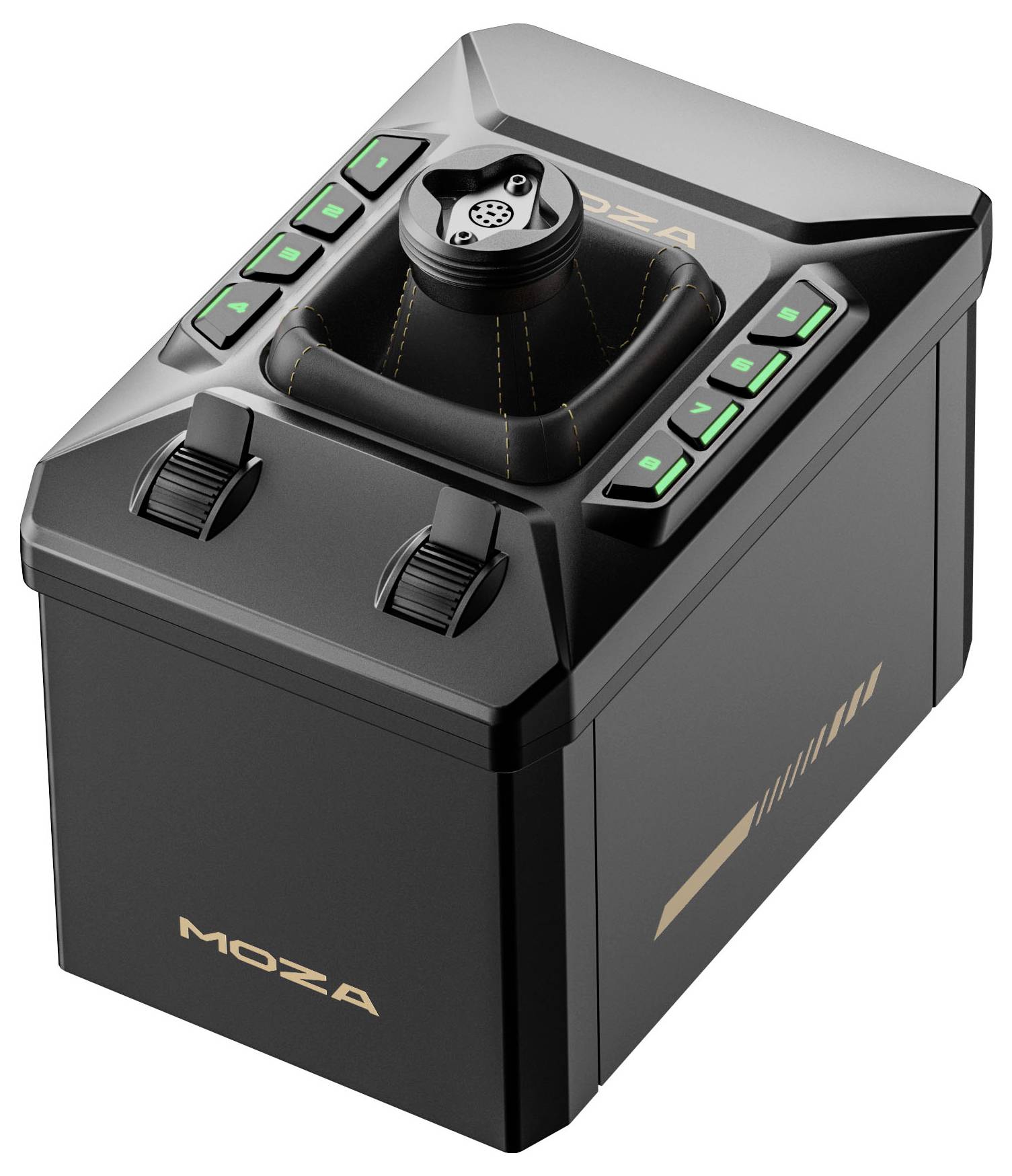 Schwarze MOZA Rennsimulatoren-Kontrollbox mit einem zentralen Joystick-Knopf und beleuchteten Seitenschaltflächen
