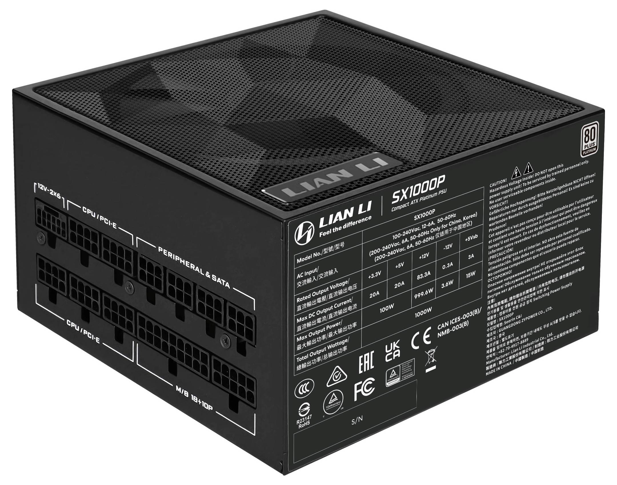 Lian Li SFX1000P Netzteil, mehrere Ausgänge und auf der Seite aufgedruckte Spezifikationen zeigend, einschließlich 80 Plus Platinum Bewertung.