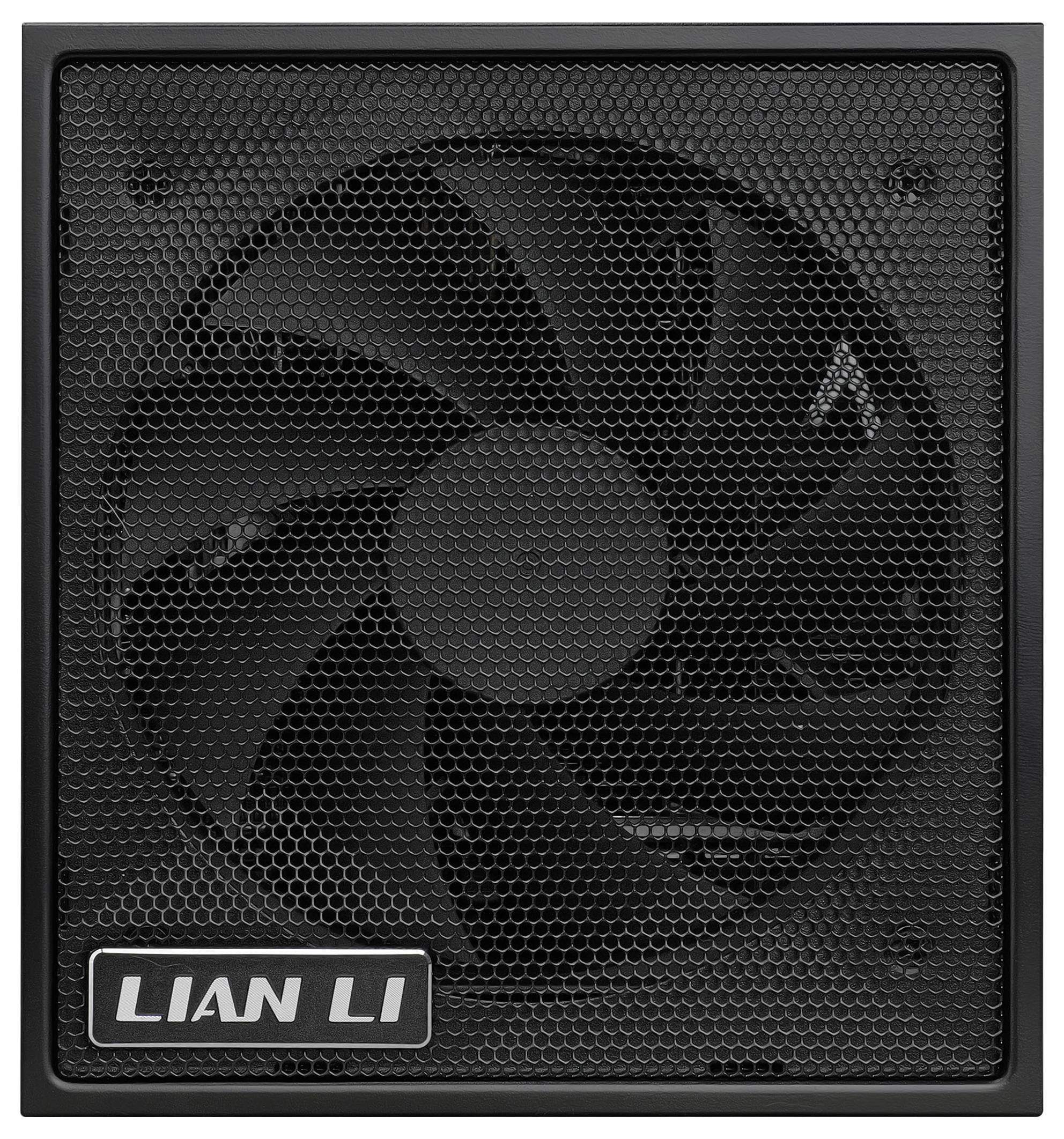 Ein schwarzer Computerlüfter, der durch ein Metallgitter betrachtet wird, mit dem Logo "LIAN LI" unten, wahrscheinlich Teil eines Computergehäuses.
