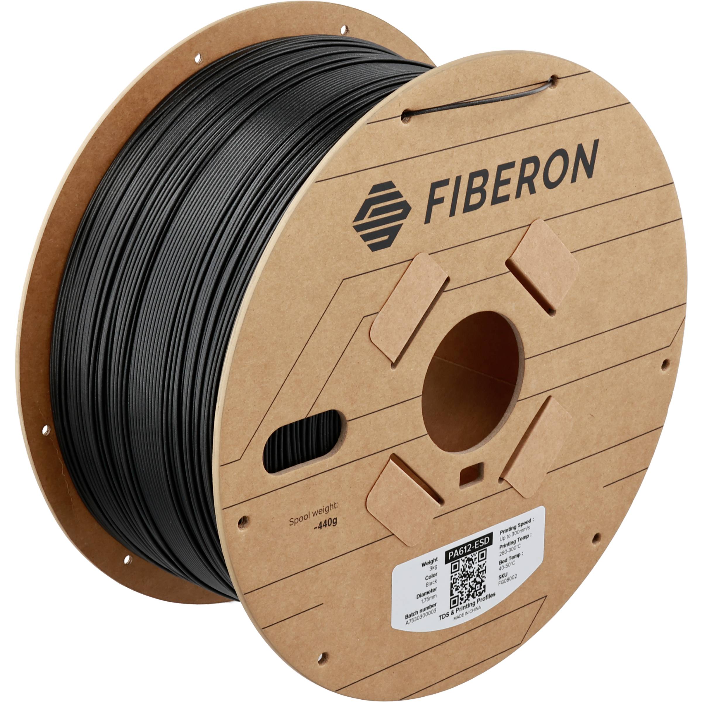 Spule schwarzes 3D-Druckfilament von Fiberon auf brauner Pappe-Spule mit Produktetikett und QR-Code.