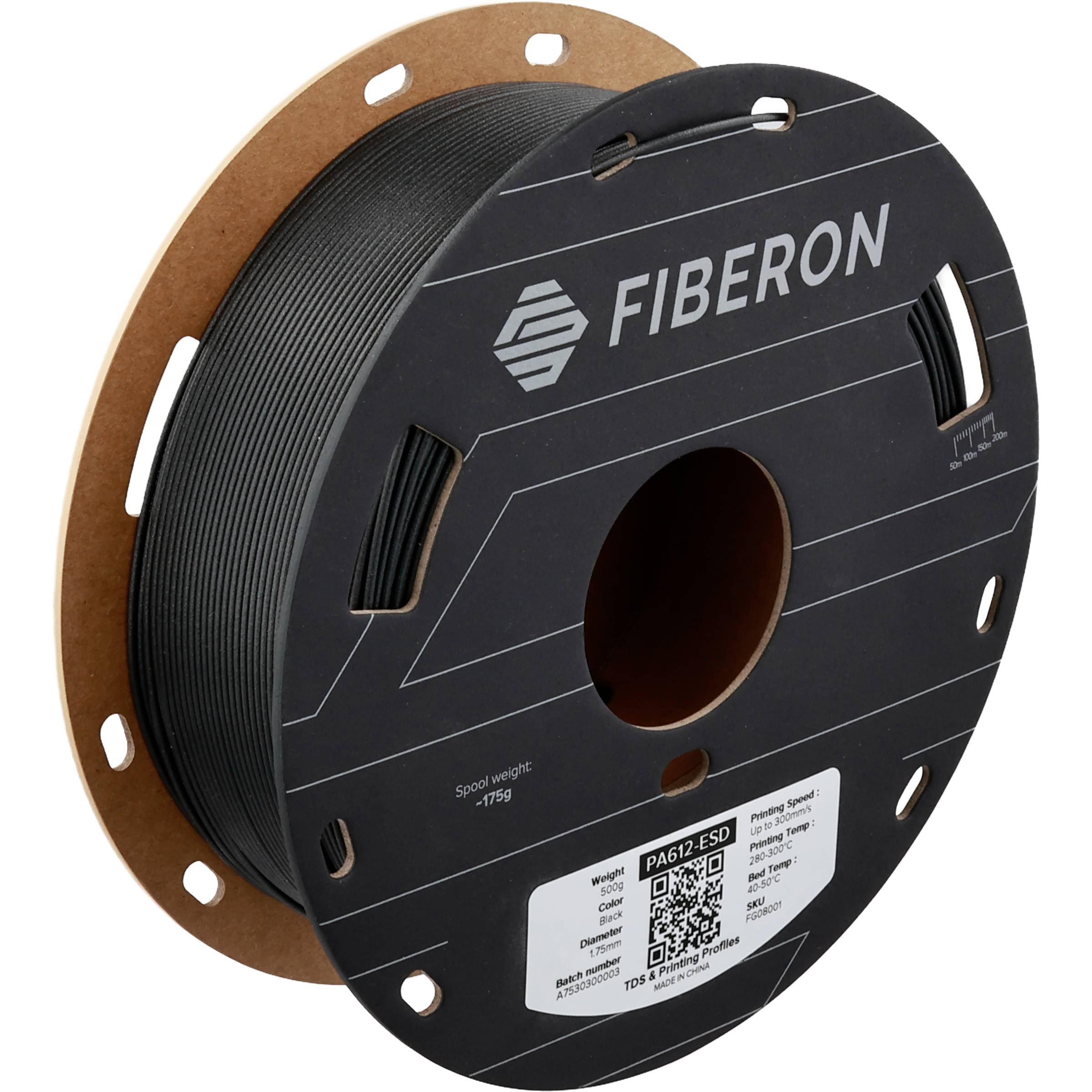 Fiberon 3D-Drucker-Filamentrole mit schwarzem Material auf einer braunen Pappe-Spule und beschrifteter Vorderseite.