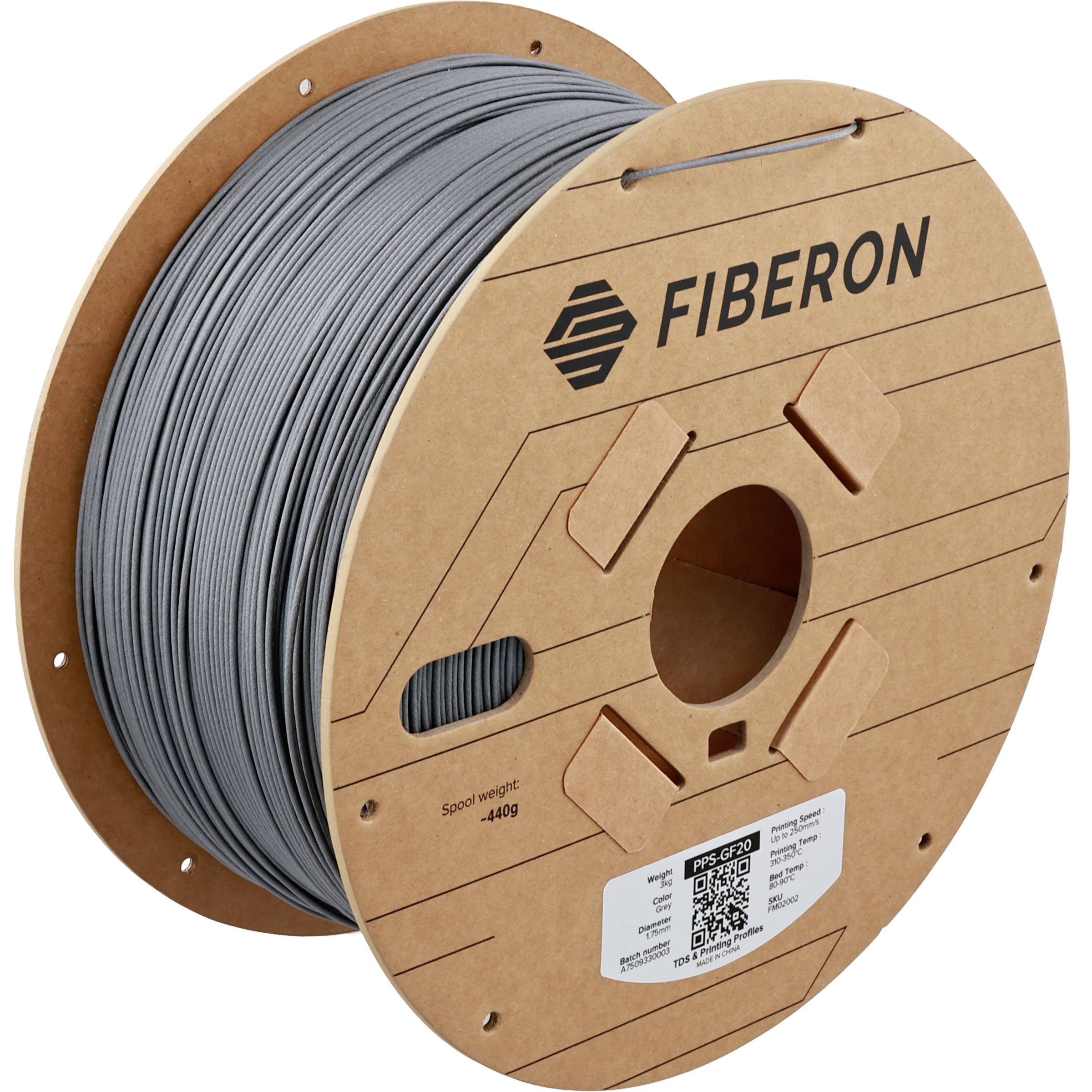 Spule mit grauem 3D-Druckerfaden auf einer Kartonrolle mit der Bezeichnung "FIBERON", mit einem Produktetikett und einer zentralen Nabenöffnung.
