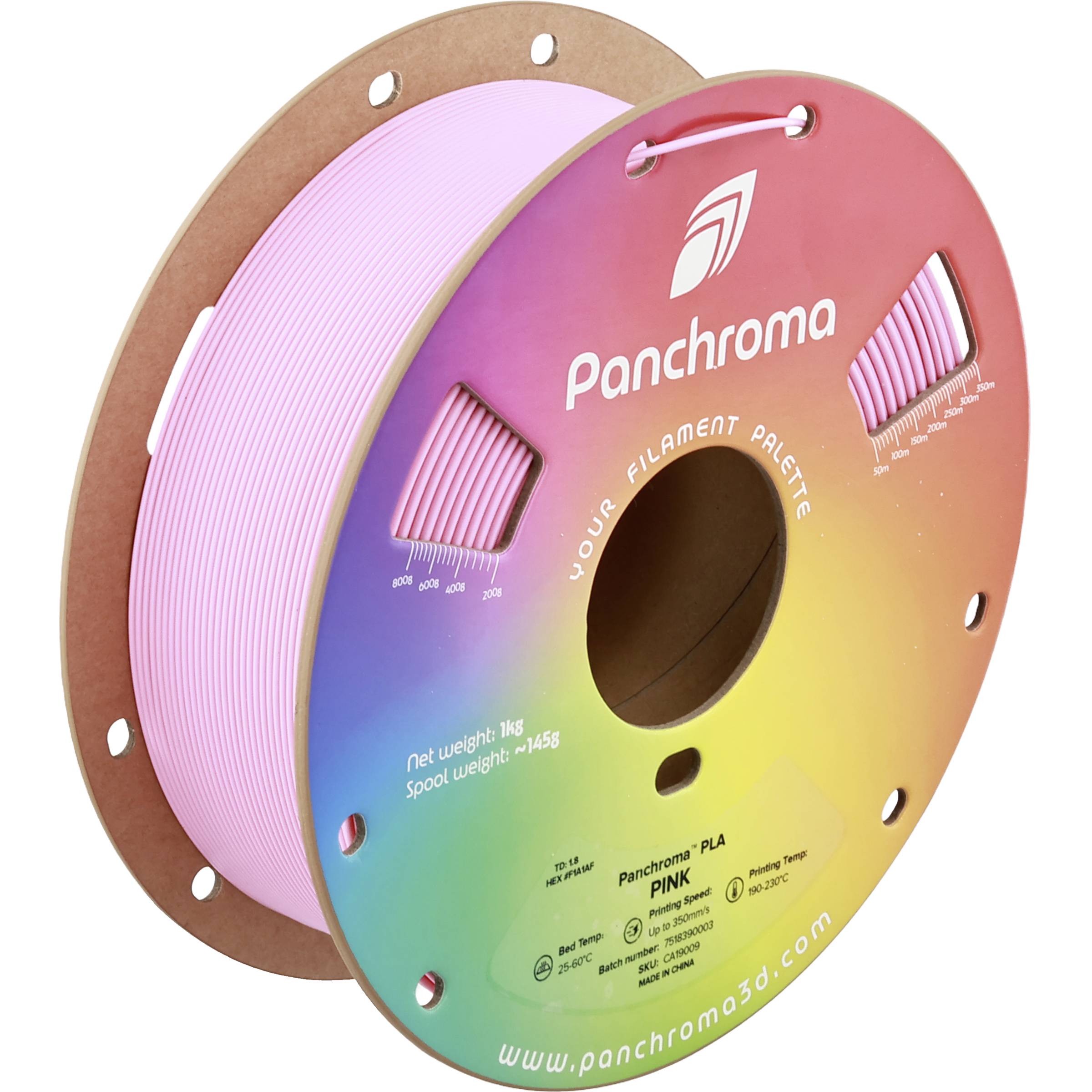 Zwei 3D-Drucker-Filamentspulen, eine rosa und eine mit Regenbogenverlauf, beschriftet mit „Panchroma" und „Your filament palette".