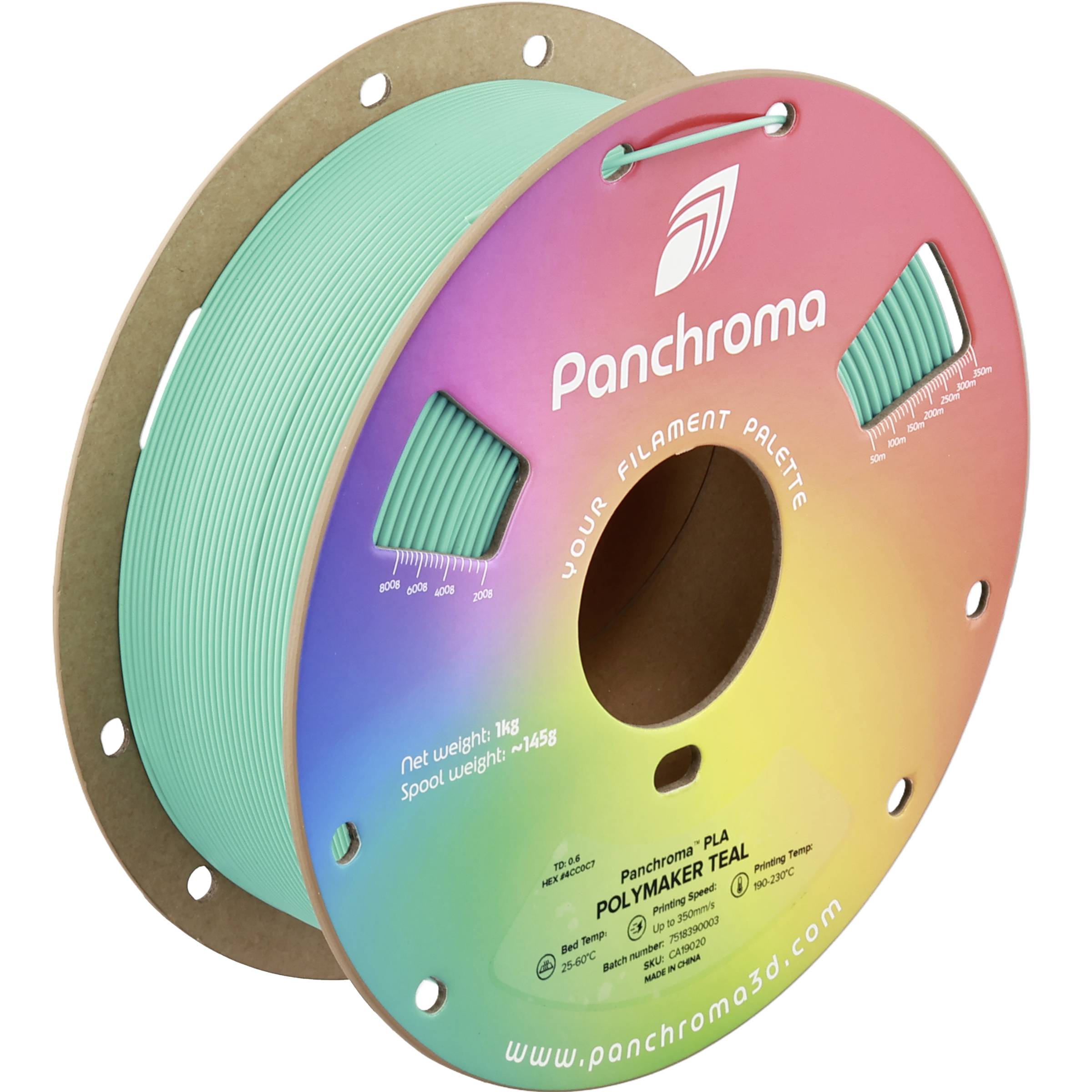 Farbenfrohe Panchroma 3D-Drucker-Filamentspule mit türkisfarbenem Filament auf einer Pappe-Spule, beschriftet mit "Panchroma" und "POLYMAKER PLA".
