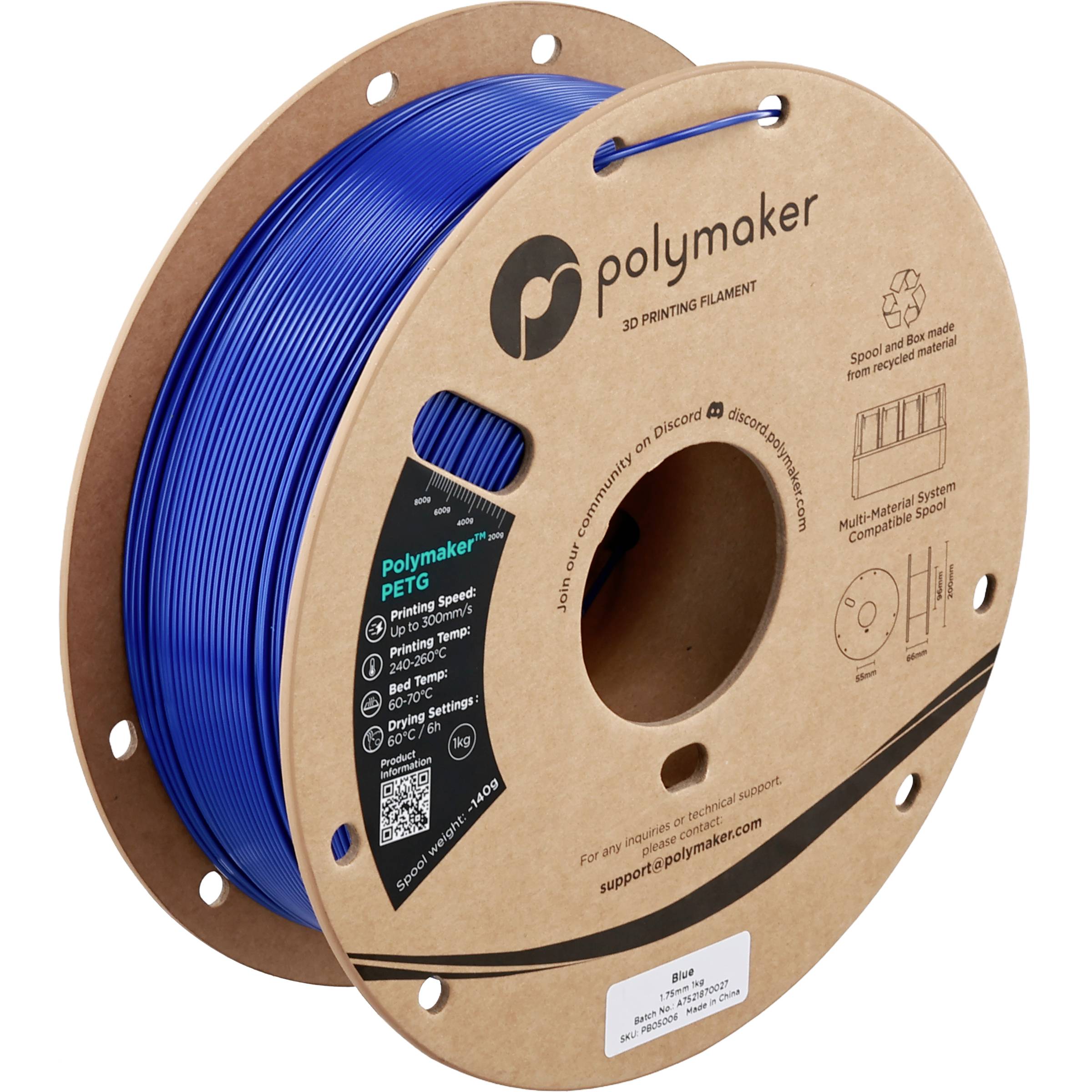 Spule aus blauem Polymaker PETG 3D-Druckfilament in einer Pappschachtel mit der Aufschrift „Polymaker".