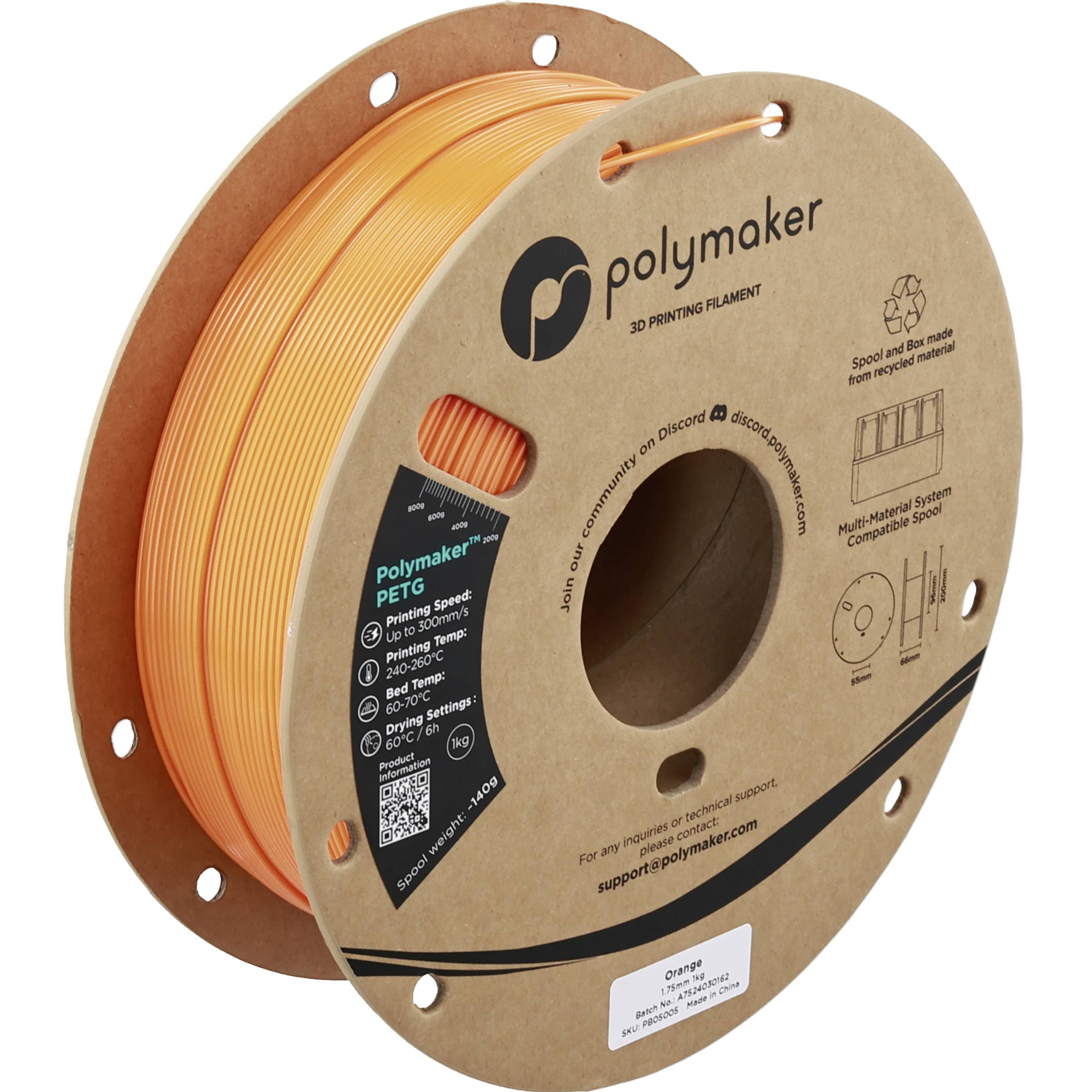 Orange Polymaker PETG 3D-Druckerfilament-Spule mit Kartonspule und Produktetikett.