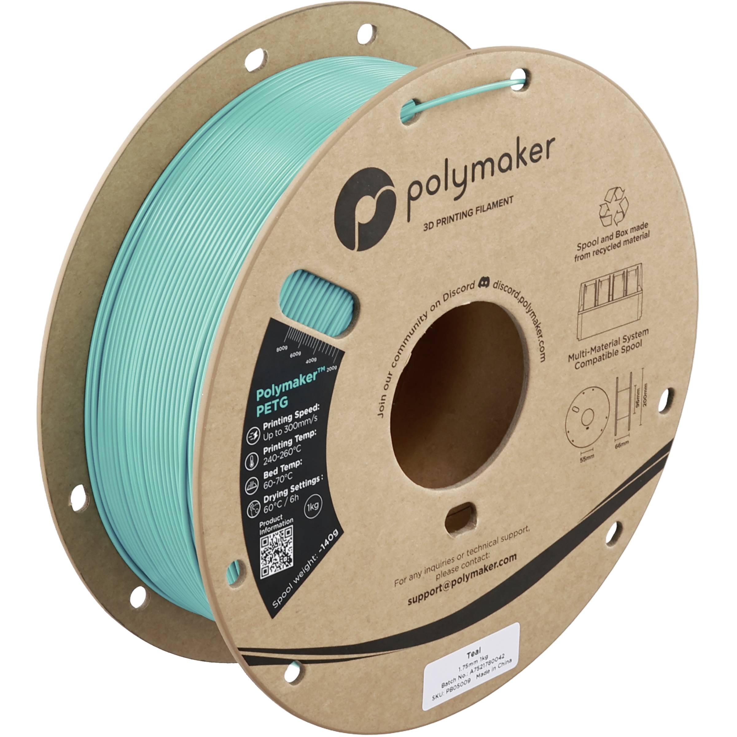 Eine Spule türkisfarbenes 3D-Drucker-Filament auf einer Kartonspule mit der Aufschrift "polymaker" und "PETG".
