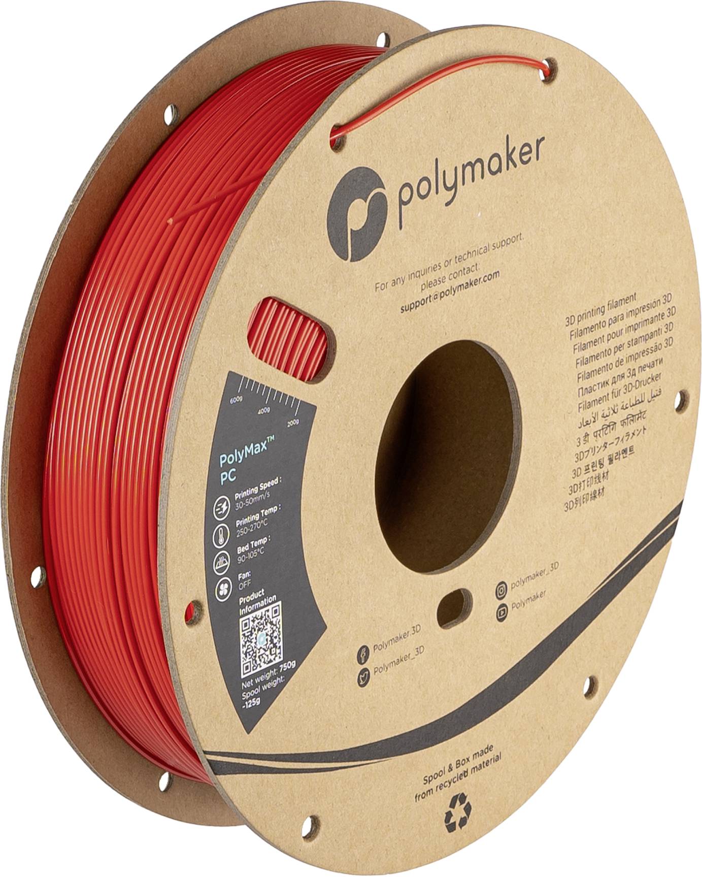 Spule mit rotem Polymaker-3D-Druckfilament auf einer Pappspule mit der Bezeichnung "polymax PC".