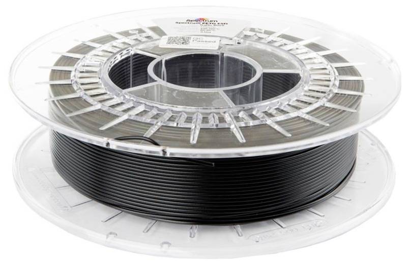 Spule schwarzes 3D-Druckerfilament auf einer transparenten Kunststoffspule vor weißem Hintergrund.