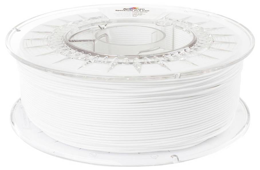 Spule mit weißem 3D-Druckerfilament auf einer transparenten Kunststoffspule, isoliert auf weißem Hintergrund.