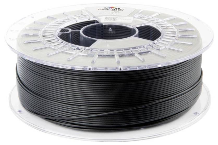 Eine Spule schwarzes Filament, das auf einer durchsichtigen Kunststoffrolle aufgewickelt ist, vor einem weißen Hintergrund dargestellt.