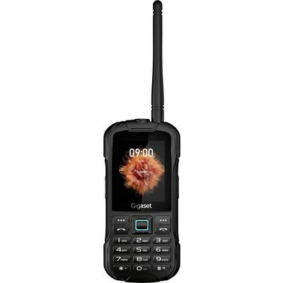 Ein robustes Mobiltelefon mit großer Antenne, ausgestattet mit einem numerischen Tastenfeld und einem kleinen Bildschirm, der die Uhrzeit „09:00" und eine abstrakte orangefarbene Grafik anzeigt.