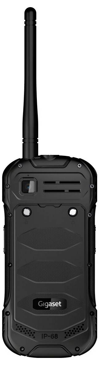 Ein robustes schwarzes Funkgerät mit einer Antenne, gekennzeichnet mit „Gigaset", verfügt über eine Kamera und ein Schutzgehäuse, was auf Langlebigkeit hindeutet.