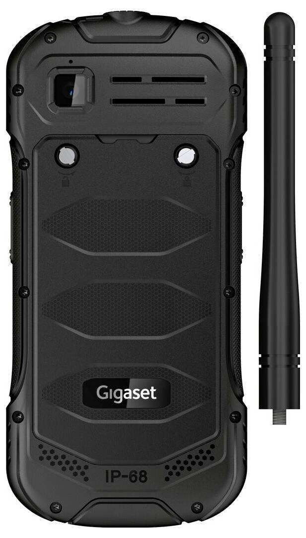 Das Bild zeigt die Rückseite eines robusten schwarzen Smartphones mit der Bezeichnung „Gigaset" mit einer abnehmbaren Antenne, was auf IP-68-Wasser- und Staubbeständigkeit hindeutet.