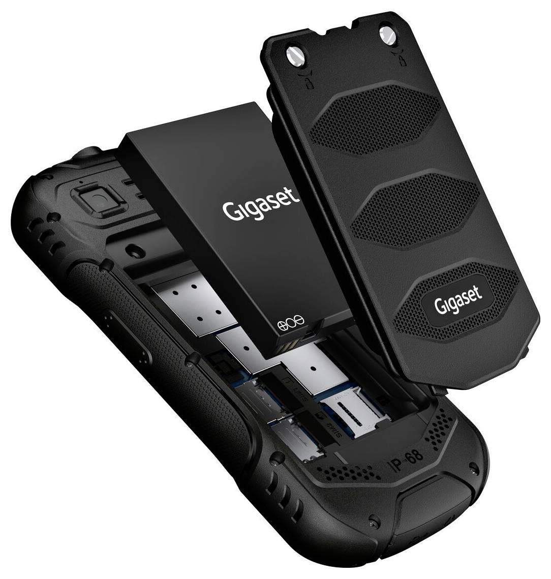Ein robustes Gigaset-Mobilgerät, dargestellt mit entfernter Rückabdeckung und Akku, wodurch die SIM-Kartensteckplätze und Speichersteckplätze sichtbar werden.