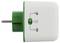 Ein grün-weißer Steckdosenadapter mit einer Taste und Symbolen, die Energieüberwachungs- und Stromsteuerungsfunktionen anzeigen.