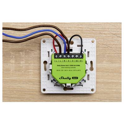 'Intelligenter Dimmerschalter mit Verdrahtungsverbindungen: L, N, O, S1, S2. Modell Shelly Dimmer Gen 2, 150W-400W.'