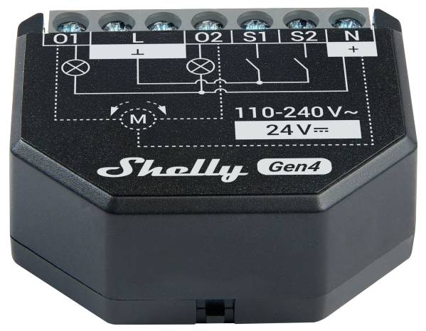 Ein schwarzes Shelly Gen4-Gerät, das Anschllussklemmen und ein grundlegendes Verdrahtungsschema zeigt, entwickelt zur Steuerung von Stromkreisen zwischen 110-240V.