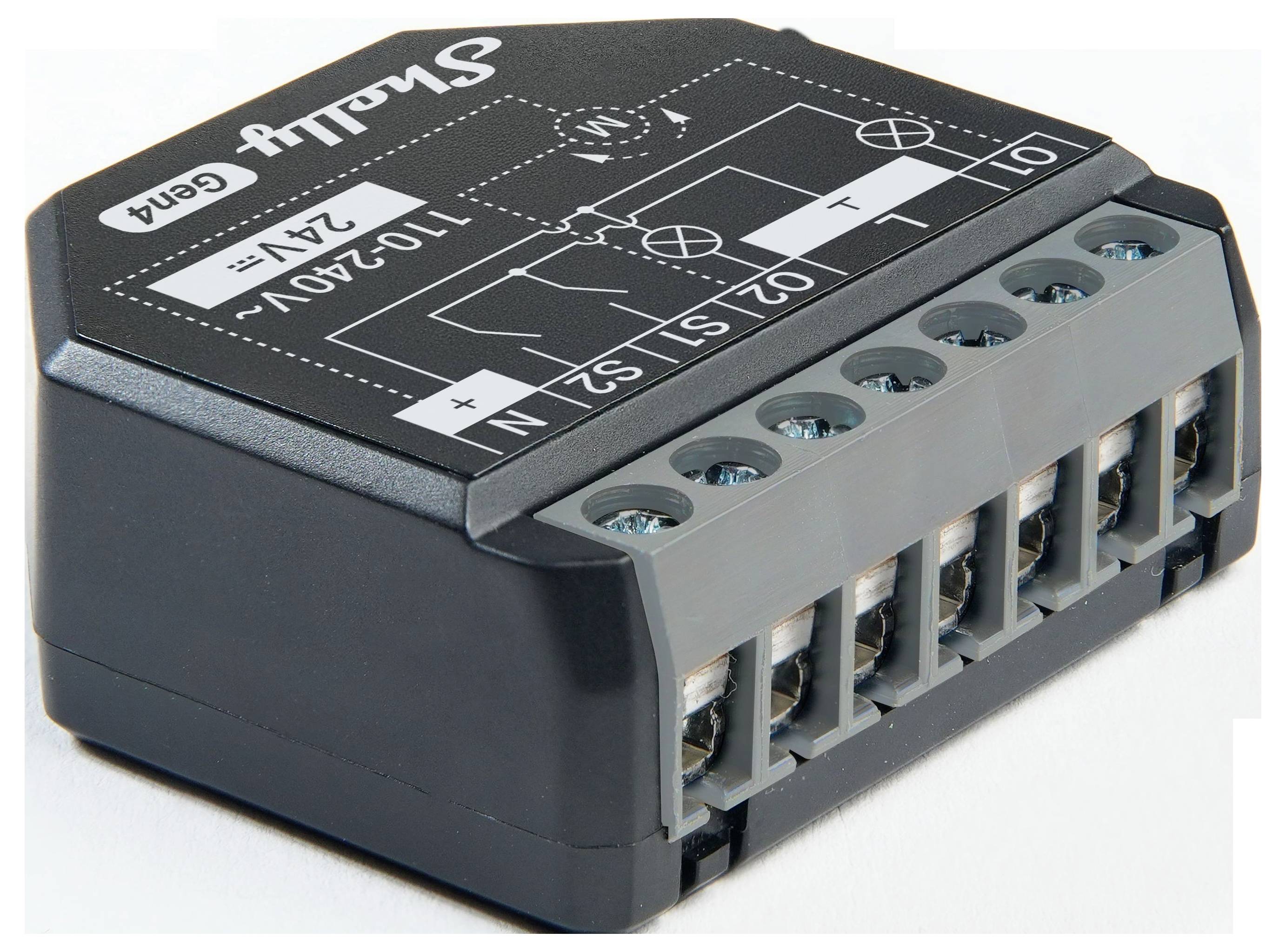 Ein schwarzer Shelly Gen2 Elektrisches Relaisschalter, der gekennzeichnete Anschlüsse für zwei Kanäle, eine Stromversorgung von 110-240V und Ausgänge zeigt.