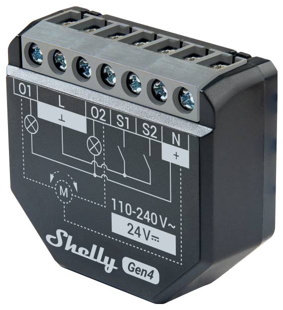 Elektronikmodul mit der Bezeichnung „Shelly Gen4" mit Anschllussklemmen für elektrische Verbindungen, gekennzeichnet für 110-240V-Eingang mit Schaltplan.