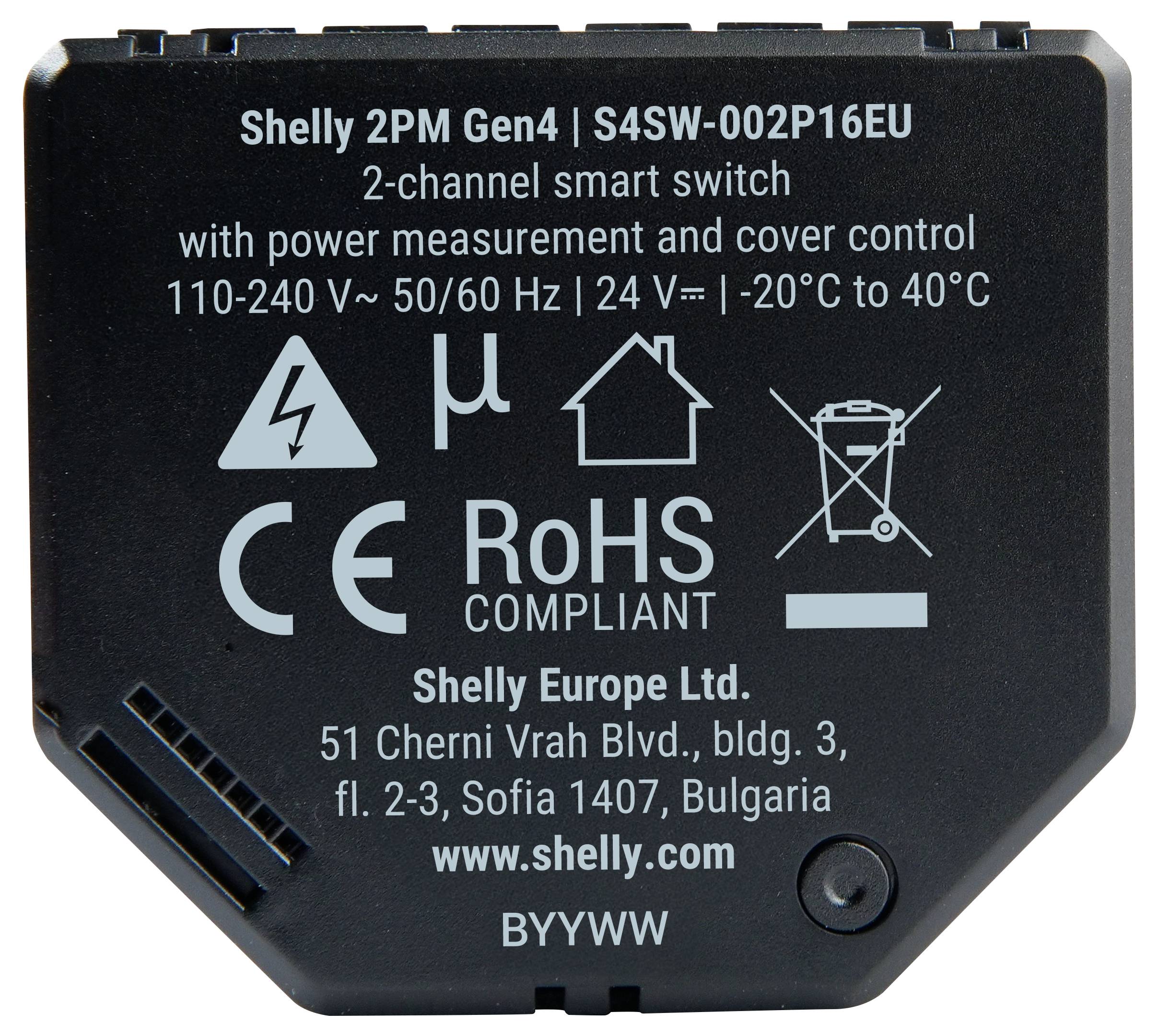 „Shelly 2PM Gen4, intelligenter 2-Kanal-Schalter mit Leistungsmessung und Jalousiesteuerung, RoHS-konform, Shelly Europe Ltd, Sofia, Bulgarien."