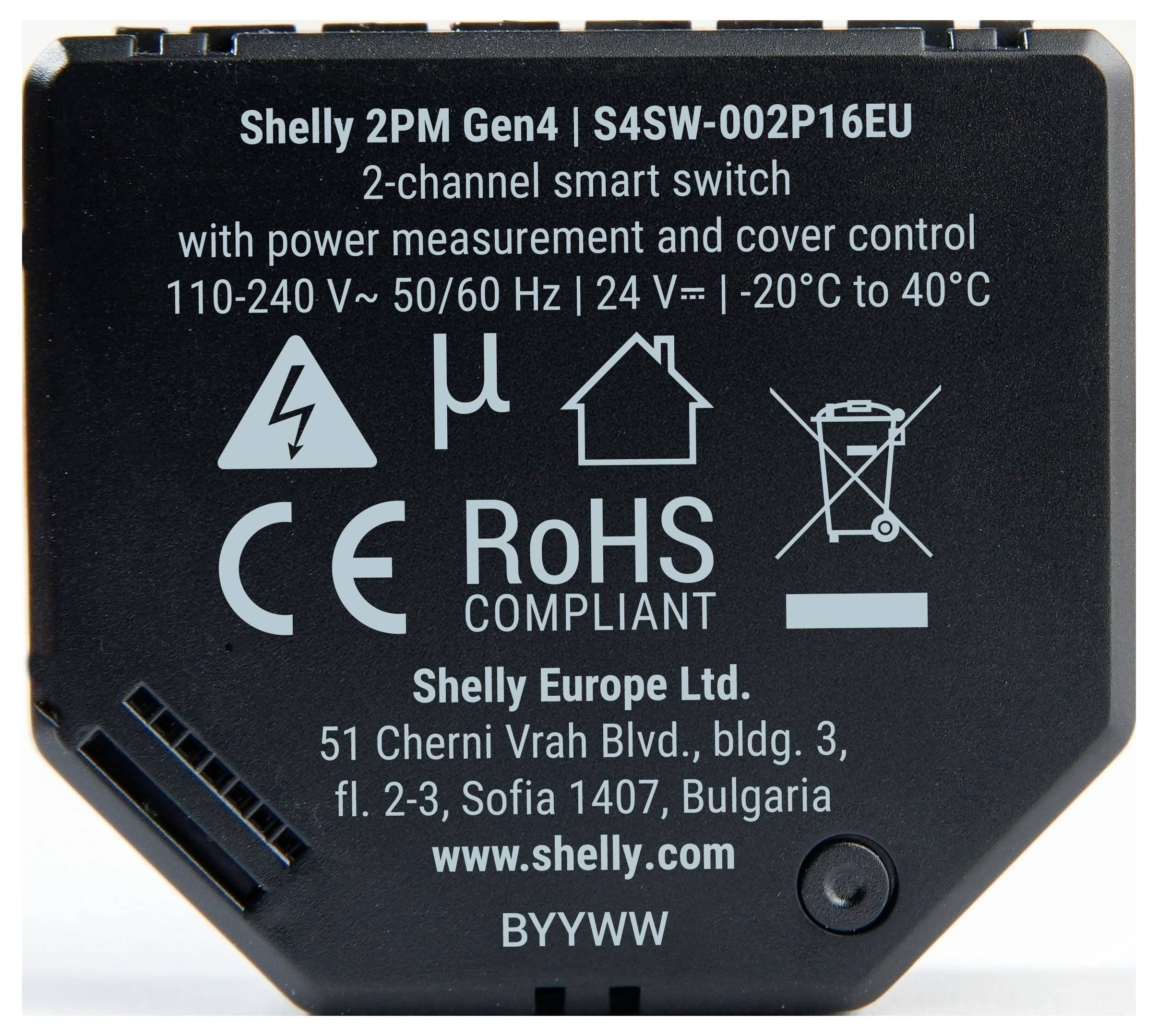 "Shelly 2PM Gen4" intelligenter Schalter mit Leistungsmessung, Jalousiensteuerung, CE- und RoHS-konform. Eingänge: 110–240V, 50/60Hz, 24V. Temperatur: -20°C bis 40°C. Hergestellt von Shelly Europe Ltd.