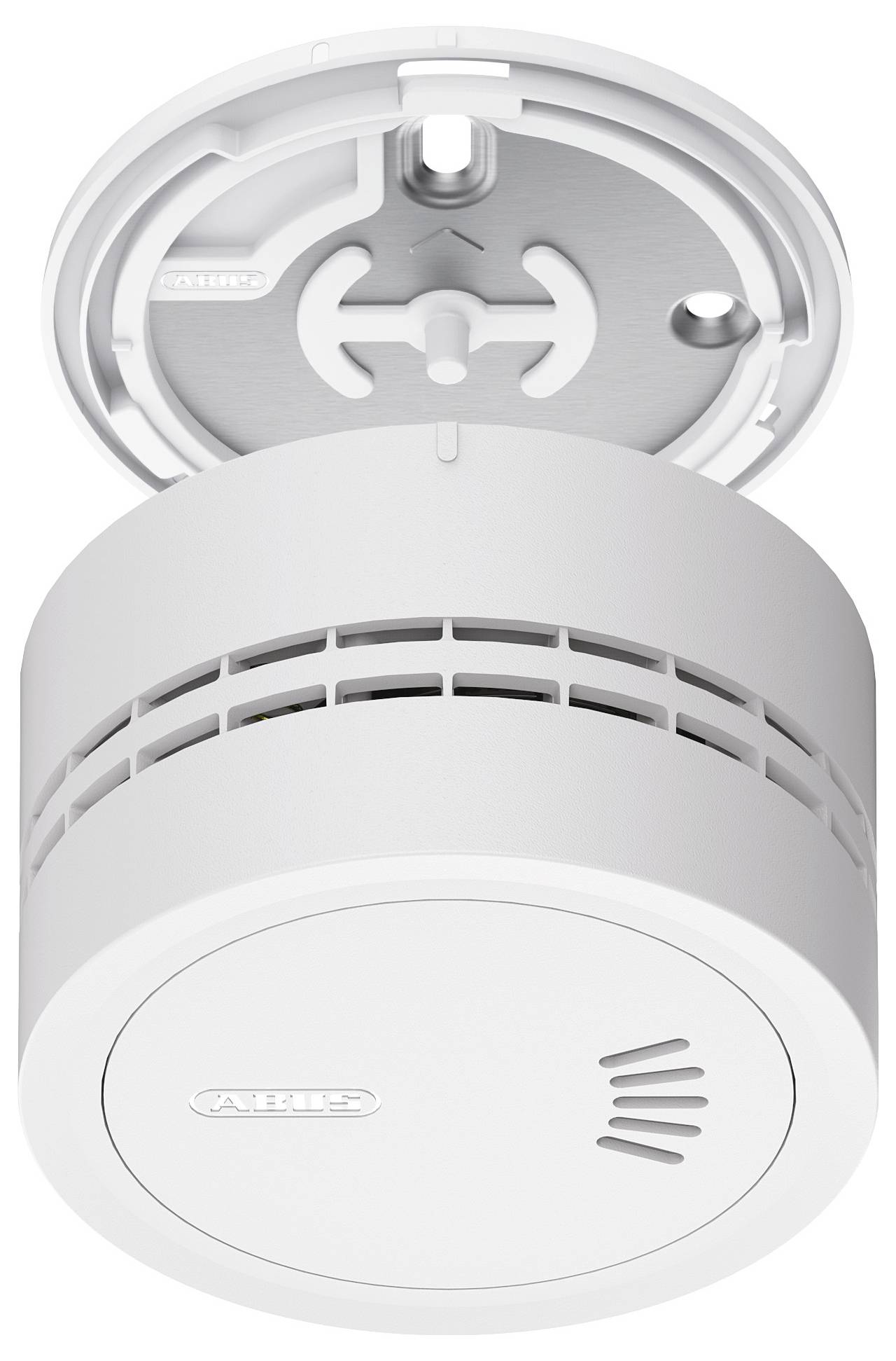 Ein weißer Rauchmelder an der Decke montiert, mit einem belüfteten zylindrischen Design, einer sichtbaren Grundplatte und dem Markenlogo.