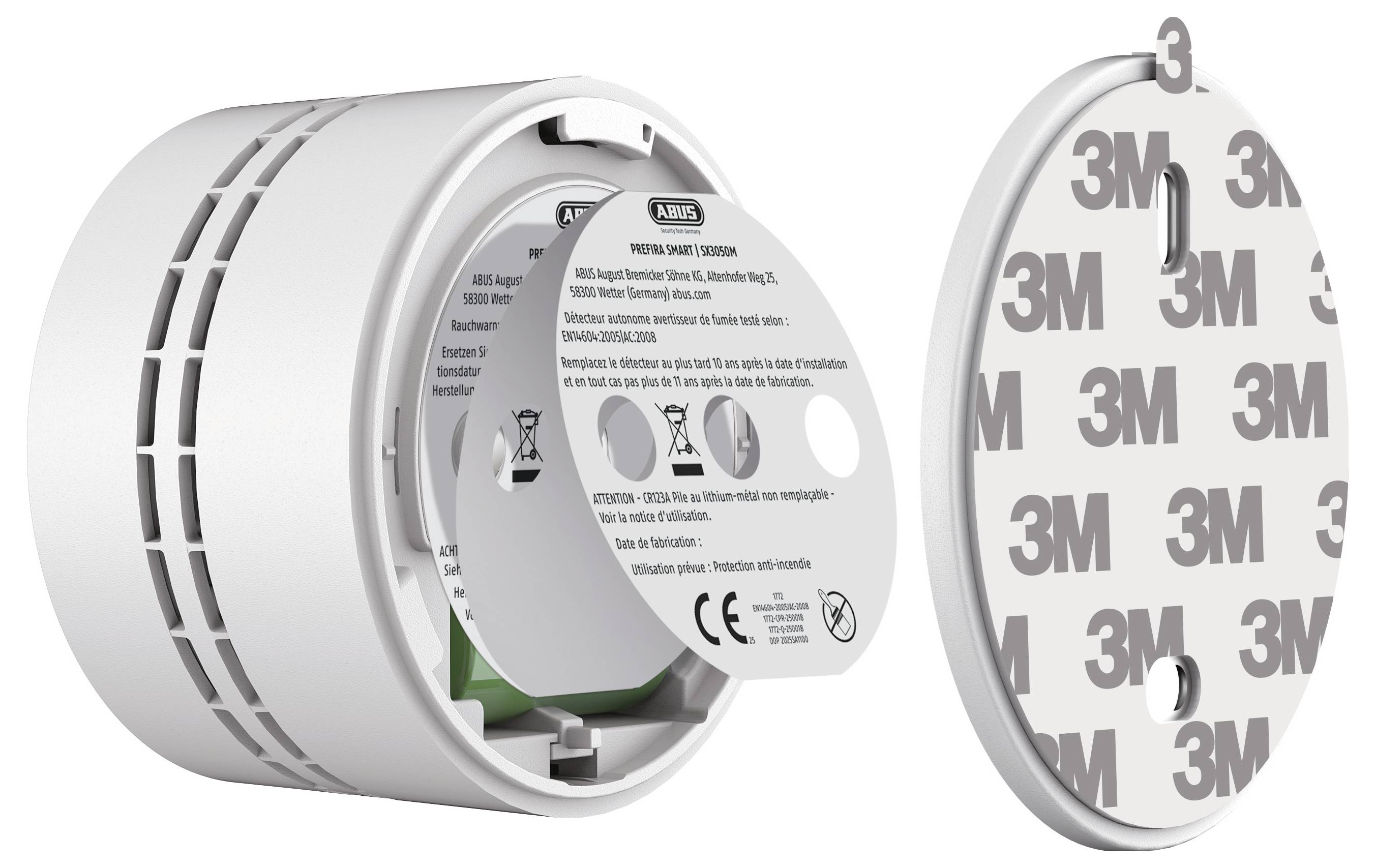 Ein Rauchmelder mit offener Rückabdeckung, die ein 3M-Klebepads zum Anbringen zeigt.