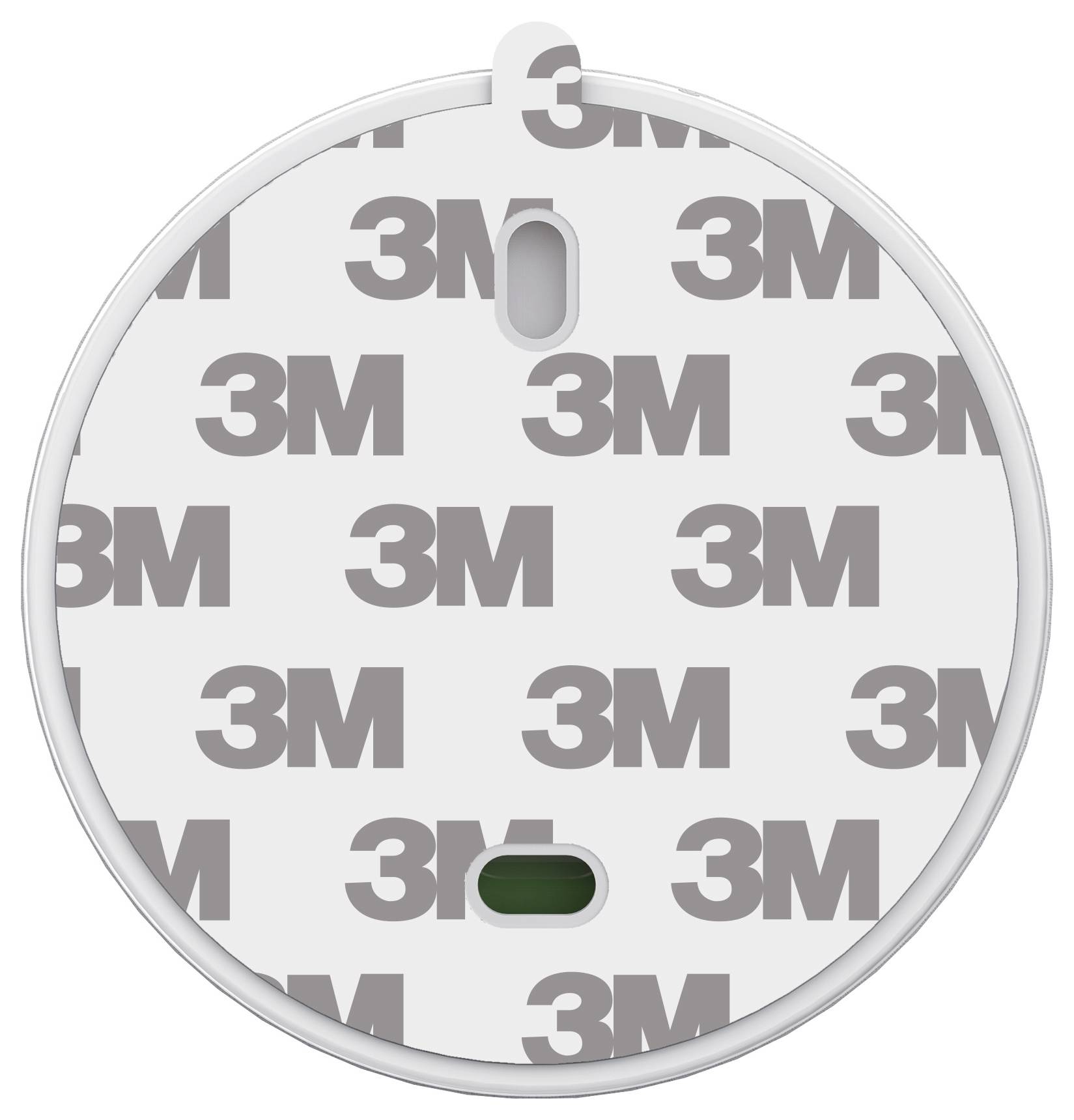 Eine runde Scheibe mit dem wiederholt aufgedruckten "3M"-Logo in Grau. Es sind zwei kleine Schlitze sichtbar, einer in der Mitte oben und ein weiterer in der Mitte unten.